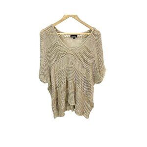 Bebe Gold Metallic Sweater S Short Sleeve V Neck Pullover Loose Knit